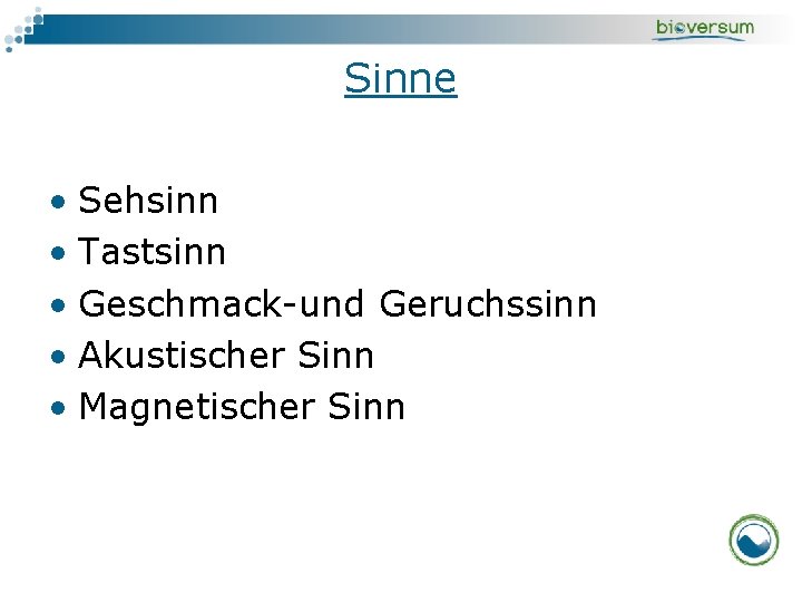 Sinne • Sehsinn • Tastsinn • Geschmack-und Geruchssinn • Akustischer Sinn • Magnetischer Sinn