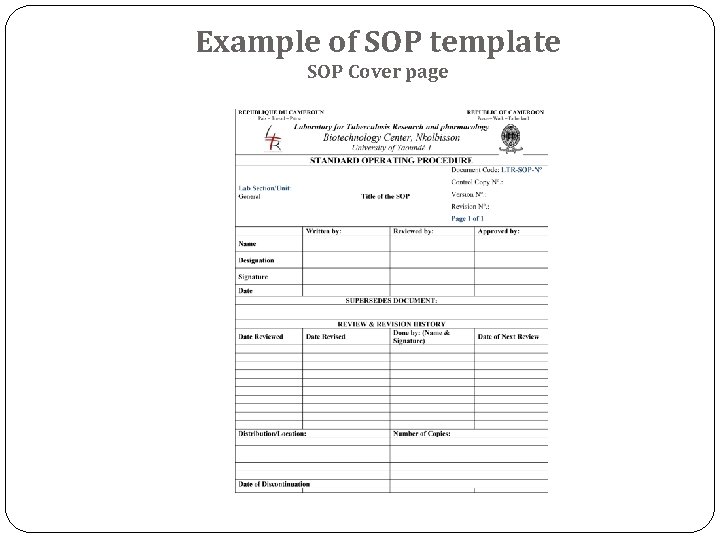 Example of SOP template SOP Cover page 