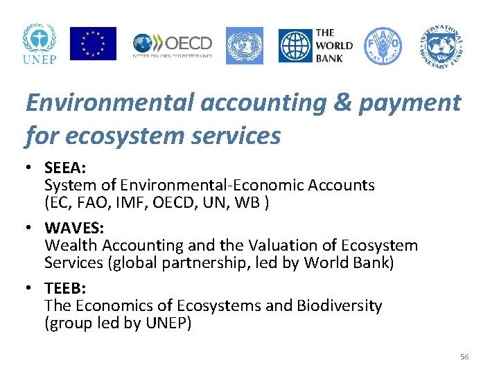 Environmental accounting & payment for ecosystem services • SEEA: System of Environmental-Economic Accounts (EC,