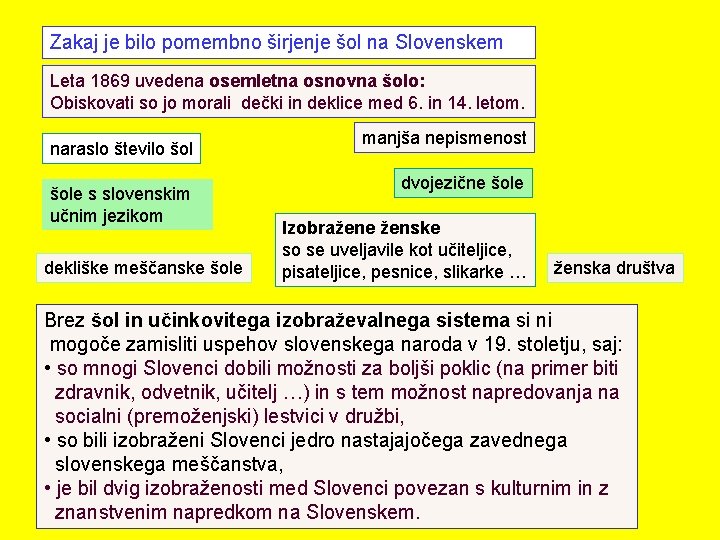 Zakaj je bilo pomembno širjenje šol na Slovenskem Leta 1869 uvedena osemletna osnovna šolo: