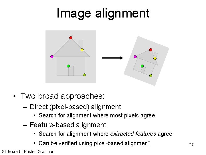 Image alignment • Two broad approaches: – Direct (pixel-based) alignment • Search for alignment