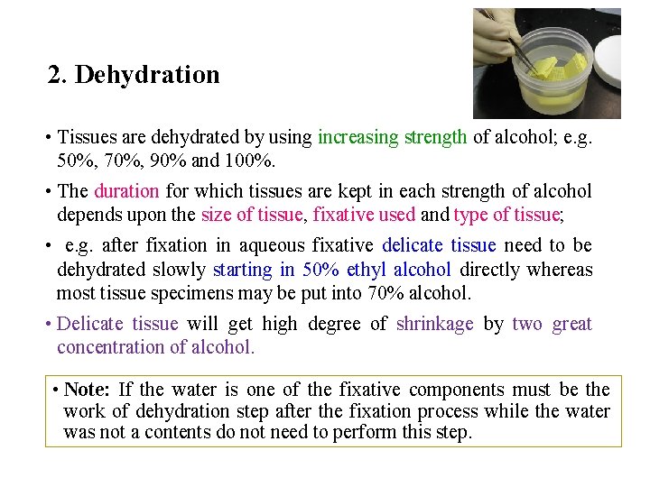 2. Dehydration • Tissues are dehydrated by using increasing strength of alcohol; e. g.