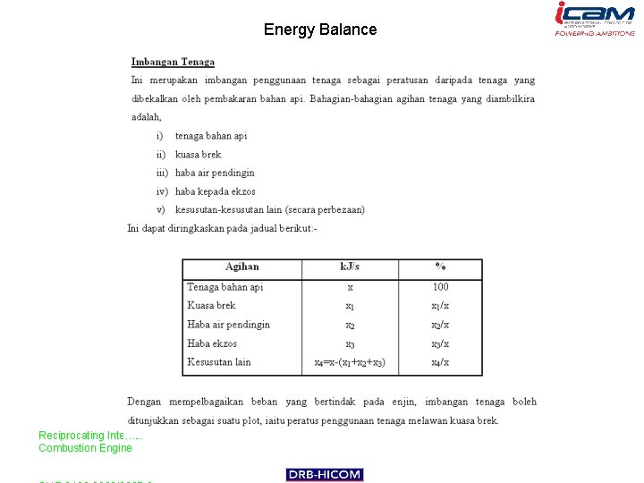 Energy Balance Reciprocating Internal Combustion Engine 