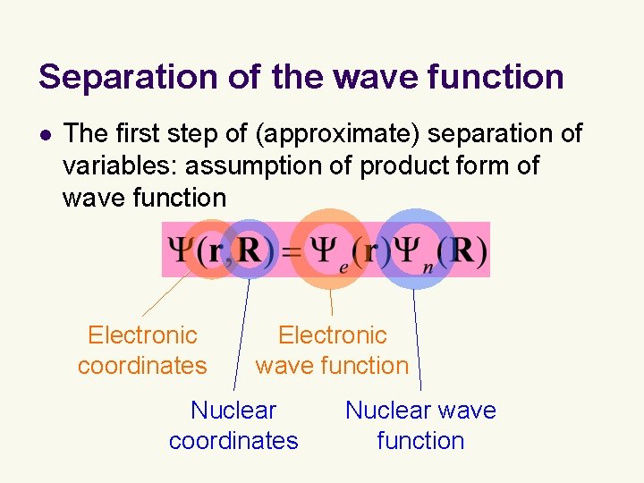 Separation of the wave function l The first step of (approximate) separation of variables: