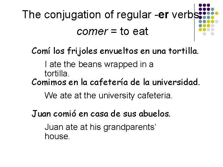 The conjugation of regular -er verbs comer = to eat Comí los frijoles envueltos