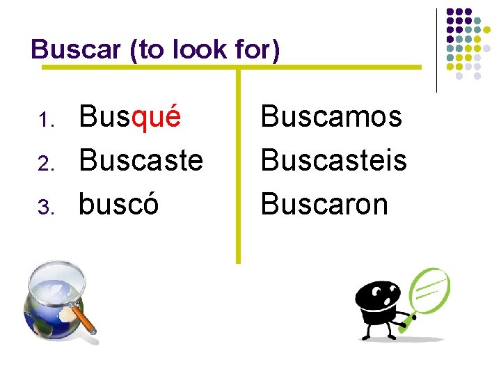 Buscar (to look for) 1. 2. 3. Busqué Buscaste buscó Buscamos Buscasteis Buscaron 