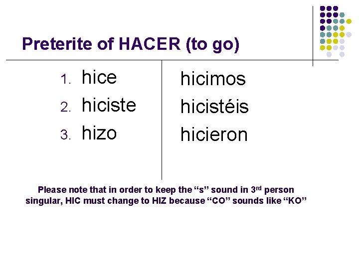 Preterite of HACER (to go) 1. 2. 3. hice hiciste hizo hicimos hicistéis hicieron