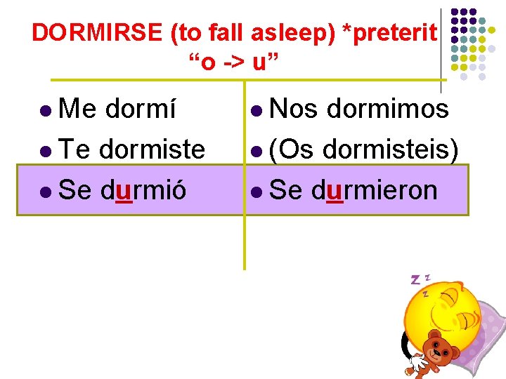 DORMIRSE (to fall asleep) *preterit “o -> u” l Me dormí l Nos dormimos