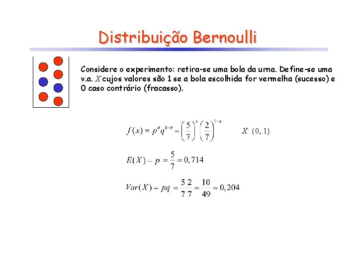 Distribuição Bernoulli Considere o experimento: retira-se uma bola da urna. Define-se uma v. a.