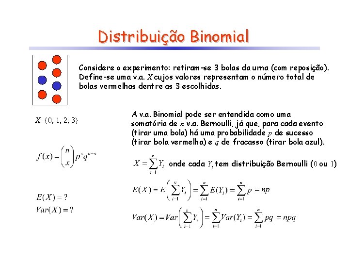 Distribuição Binomial Considere o experimento: retiram-se 3 bolas da urna (com reposição). Define-se uma