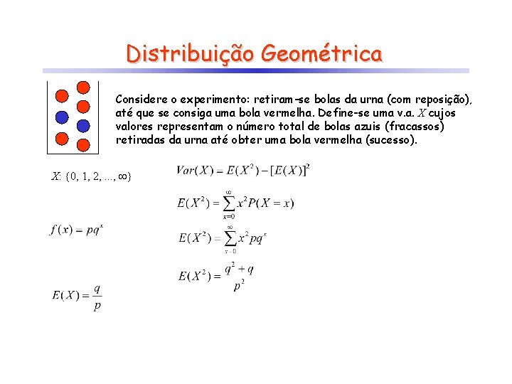 Distribuição Geométrica Considere o experimento: retiram-se bolas da urna (com reposição), até que se