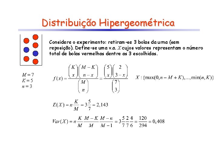 Distribuição Hipergeométrica Considere o experimento: retiram-se 3 bolas da urna (sem reposição). Define-se uma