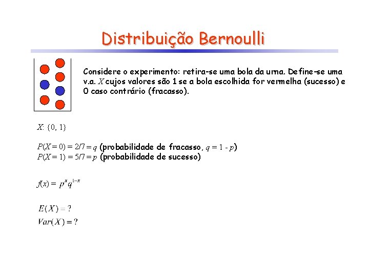 Distribuição Bernoulli Considere o experimento: retira-se uma bola da urna. Define-se uma v. a.