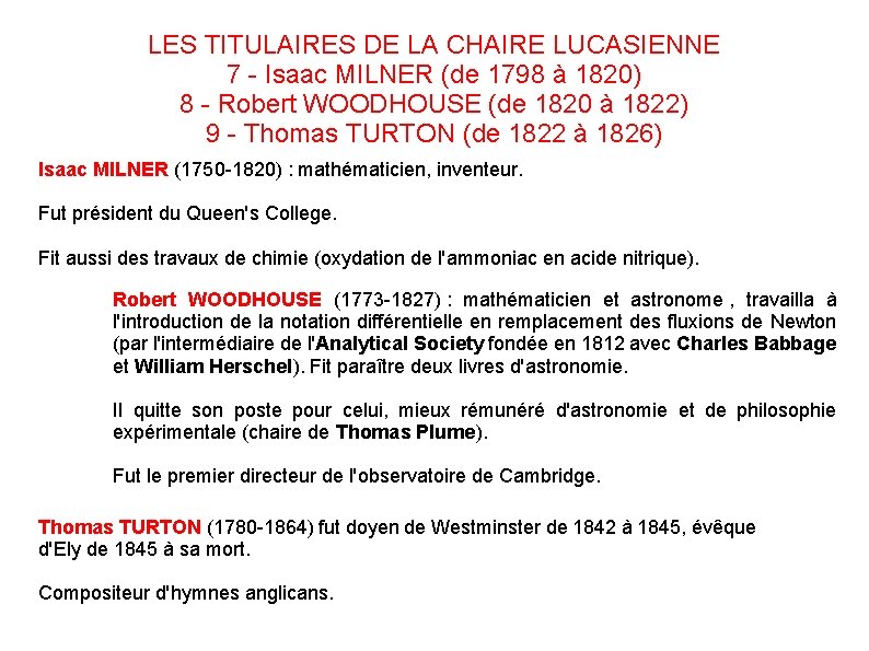 LES TITULAIRES DE LA CHAIRE LUCASIENNE 7 - Isaac MILNER (de 1798 à 1820)