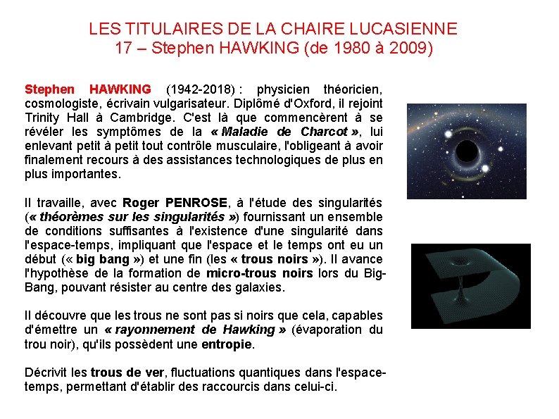 LES TITULAIRES DE LA CHAIRE LUCASIENNE 17 – Stephen HAWKING (de 1980 à 2009)