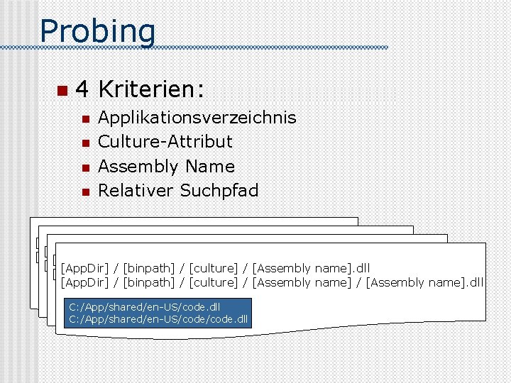 Probing n 4 Kriterien: n n Applikationsverzeichnis Culture-Attribut Assembly Name Relativer Suchpfad [App. Dir]