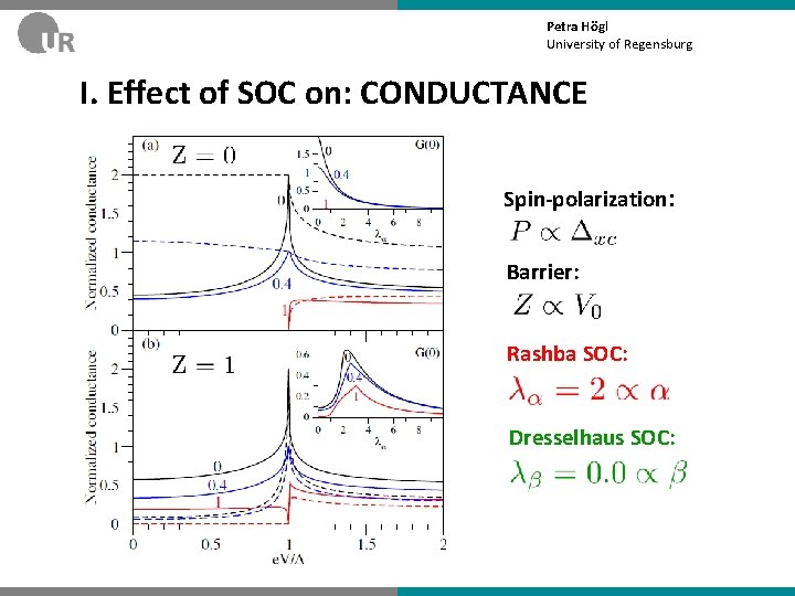 Petra Högl University of Regensburg I. Effect of SOC on: CONDUCTANCE Spin-polarization: Barrier: Rashba