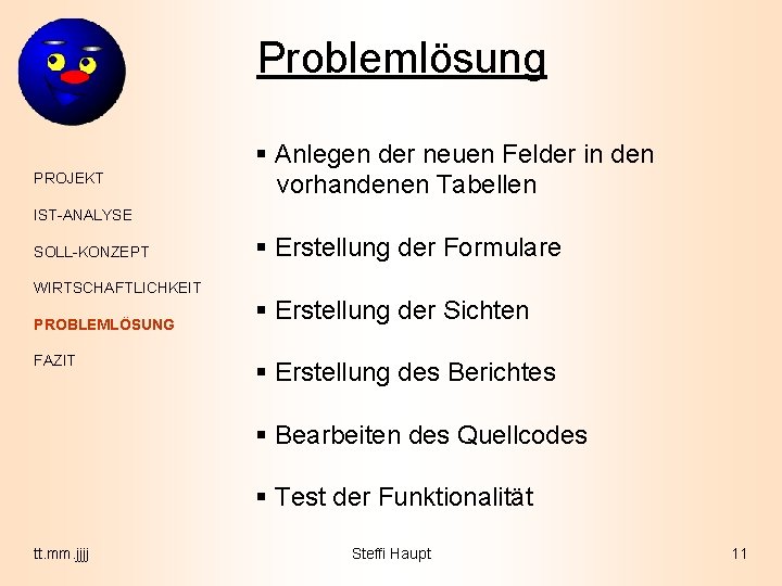 Problemlösung PROJEKT § Anlegen der neuen Felder in den vorhandenen Tabellen IST-ANALYSE SOLL-KONZEPT WIRTSCHAFTLICHKEIT