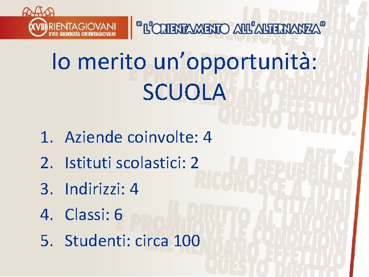 Io merito un’opportunità: SCUOLA 1. 2. 3. 4. 5. Aziende coinvolte: 4 Istituti scolastici: