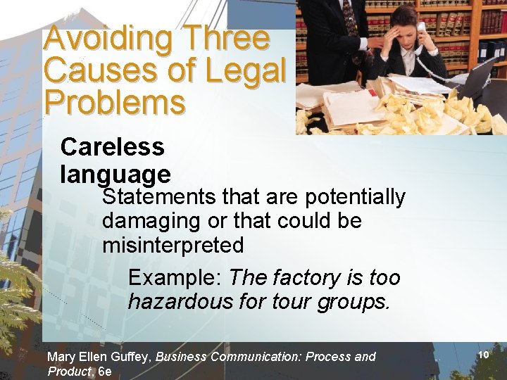 Avoiding Three Causes of Legal Problems Careless language Statements that are potentially damaging or