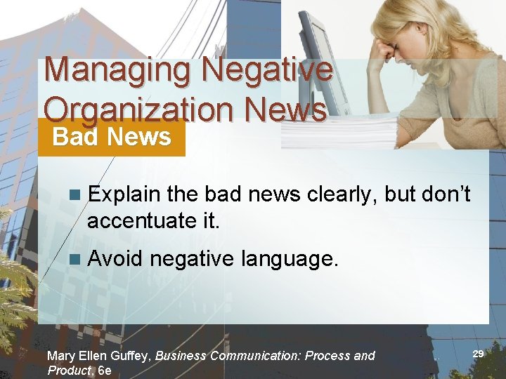 Managing Negative Organization News Bad News n Explain the bad news clearly, but don’t