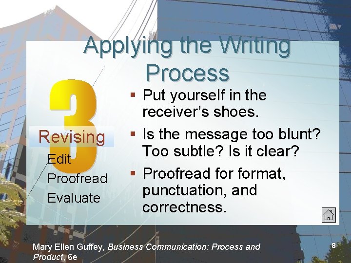 Applying the Writing Process Revising Edit Proofread Evaluate § Put yourself in the receiver’s