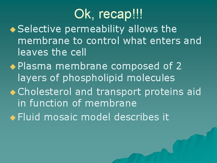 Ok, recap!!! u Selective permeability allows the membrane to control what enters and leaves