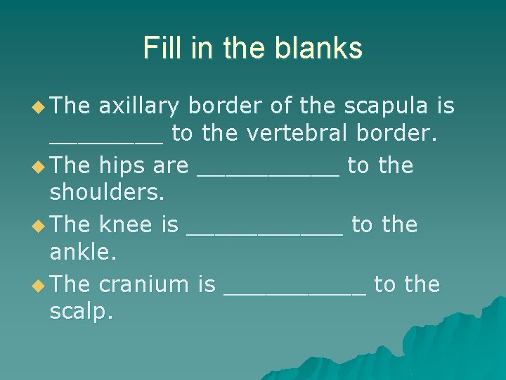Fill in the blanks u The axillary border of the scapula is ____ to