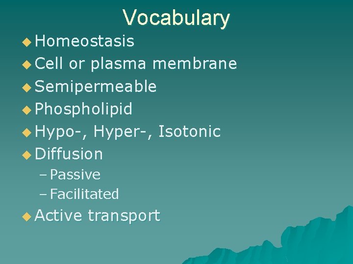 Vocabulary u Homeostasis u Cell or plasma membrane u Semipermeable u Phospholipid u Hypo-,