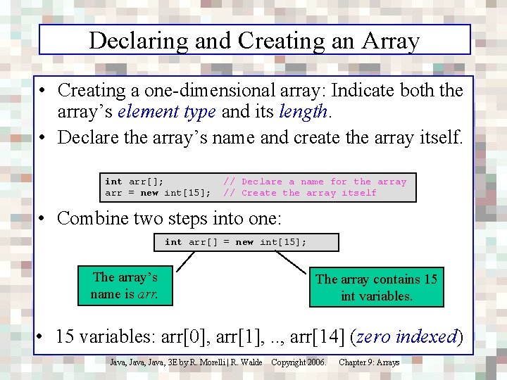Declaring and Creating an Array • Creating a one-dimensional array: Indicate both the array’s