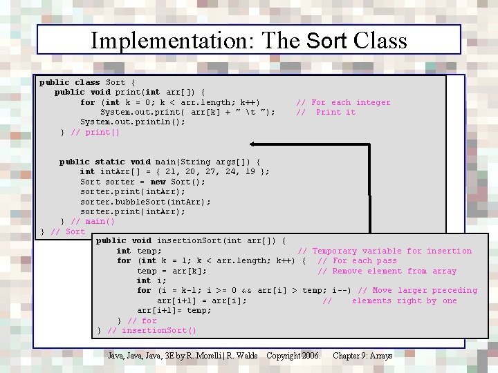 Implementation: The Sort Class public class Sort { public void print(int arr[]) { for