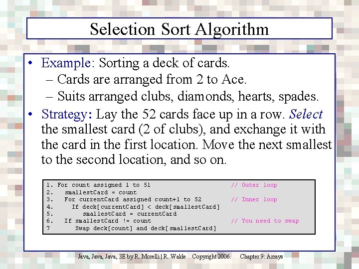 Selection Sort Algorithm • Example: Sorting a deck of cards. – Cards are arranged