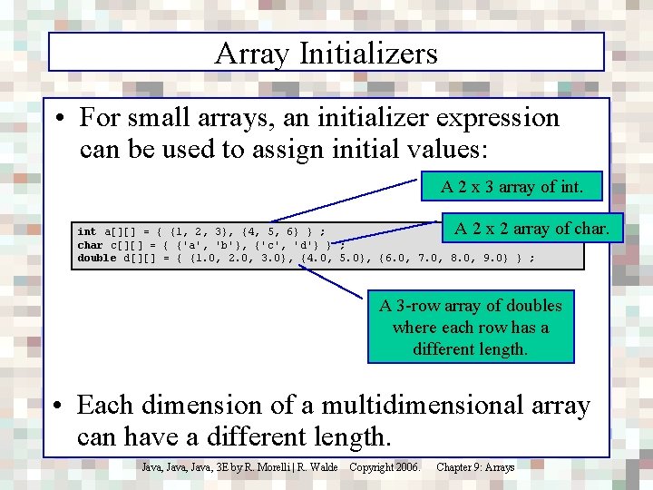 Array Initializers • For small arrays, an initializer expression can be used to assign