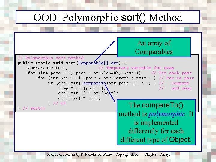 OOD: Polymorphic sort() Method An array of Comparables // Polymorphic sort method public static