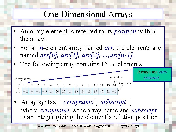One-Dimensional Arrays • An array element is referred to its position within the array.