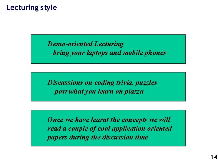 Lecturing style Demo-oriented Lecturing bring your laptops and mobile phones Discussions on coding trivia,