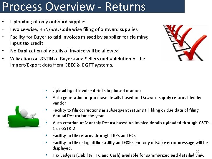 Process Overview - Returns • • • Uploading of only outward supplies. Invoice-wise, HSN/SAC