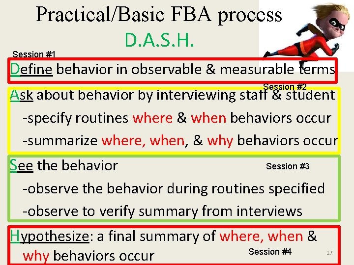 Practical/Basic FBA process D. A. S. H. Session #1 Define behavior in observable &