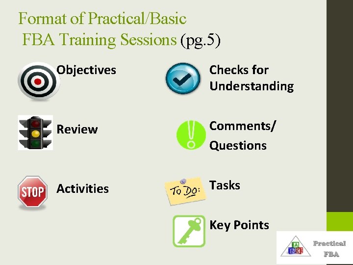 Format of Practical/Basic FBA Training Sessions (pg. 5) Objectives Checks for Understanding Review Comments/