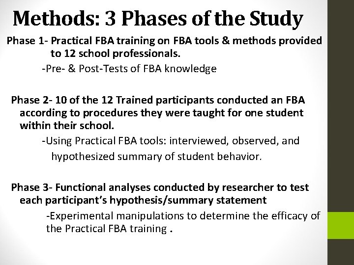 Methods: 3 Phases of the Study Phase 1 - Practical FBA training on FBA