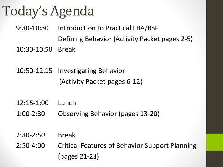 Today’s Agenda 9: 30 -10: 30 Introduction to Practical FBA/BSP Defining Behavior (Activity Packet