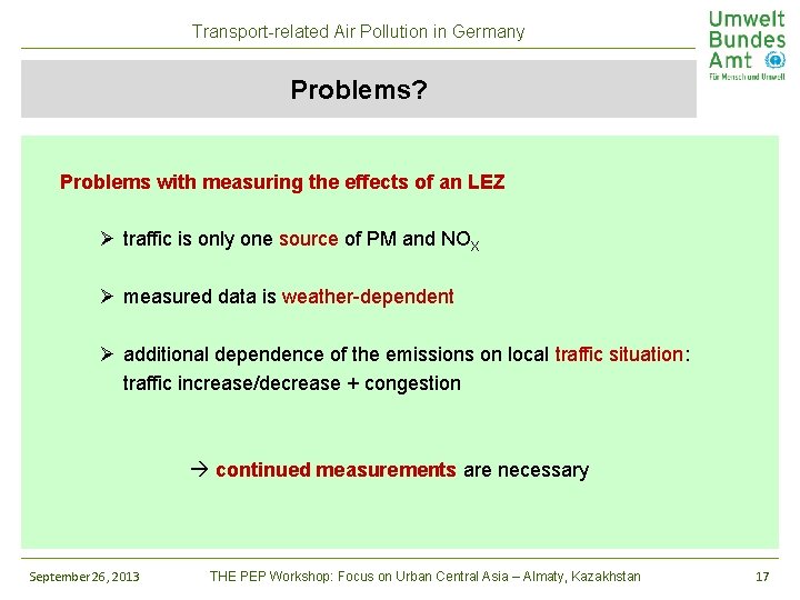 Transport-related Air Pollution in Germany Problems? Problems with measuring the effects of an LEZ