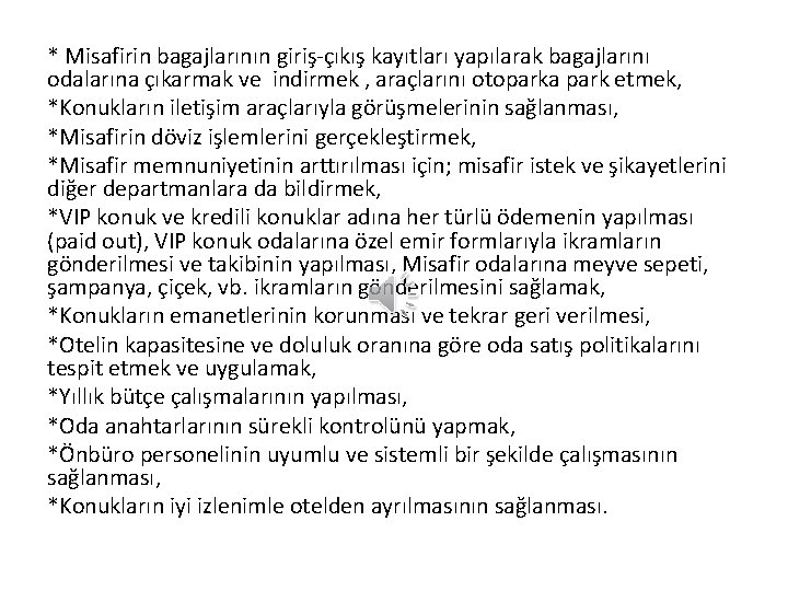 * Misafirin bagajlarının giriş-çıkış kayıtları yapılarak bagajlarını odalarına çıkarmak ve indirmek , araçlarını otoparka