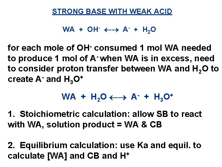 STRONG BASE WITH WEAK ACID WA + OH- A- + H 2 O for