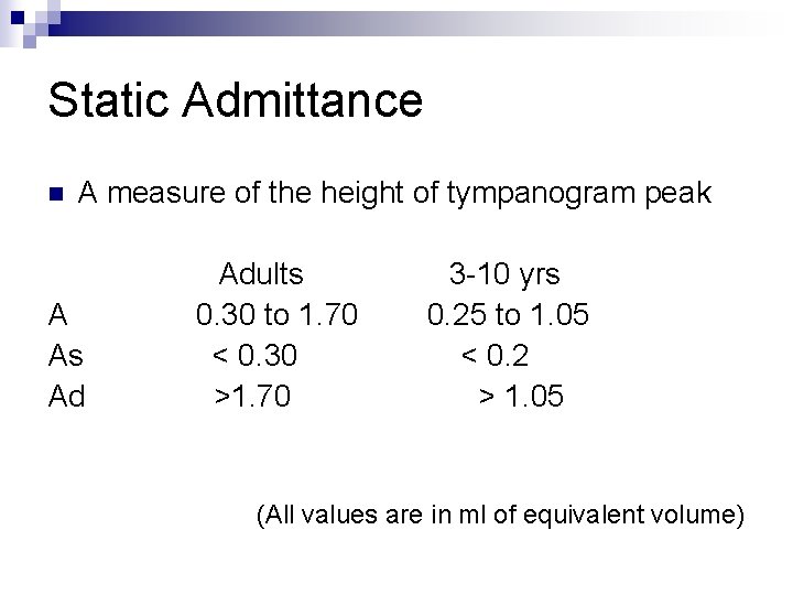 Static Admittance n A measure of the height of tympanogram peak A As Ad