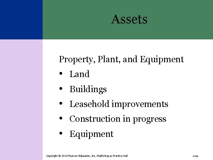 Assets Property, Plant, and Equipment • • • Land Buildings Leasehold improvements Construction in