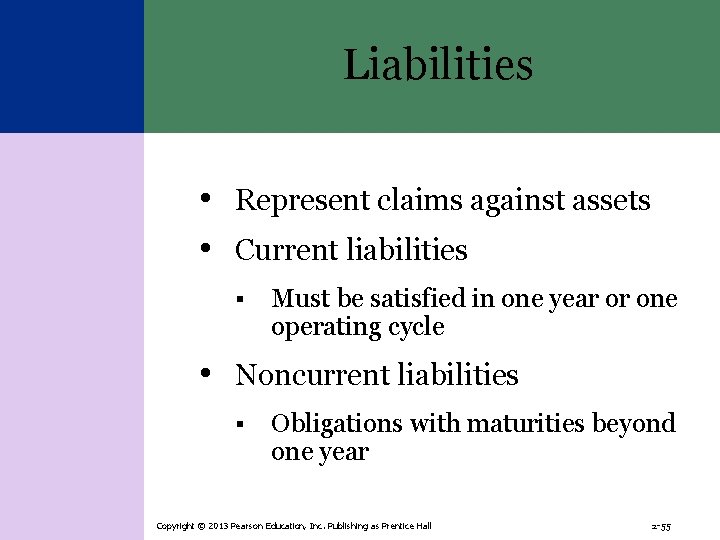 Liabilities • Represent claims against assets • Current liabilities § Must be satisfied in