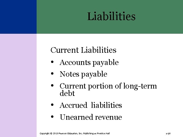 Liabilities Current Liabilities • Accounts payable • Notes payable • Current portion of long-term