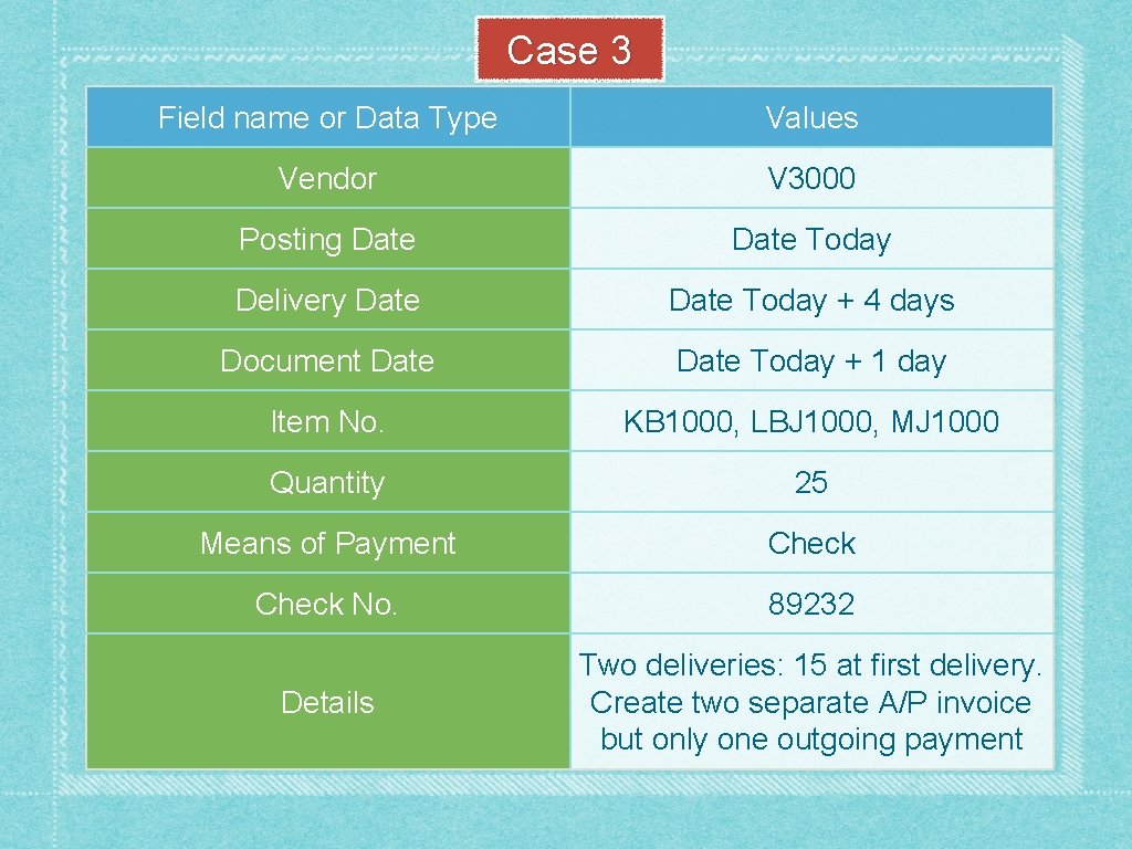 Case 3 Field name or Data Type Values Vendor V 3000 Posting Date Today