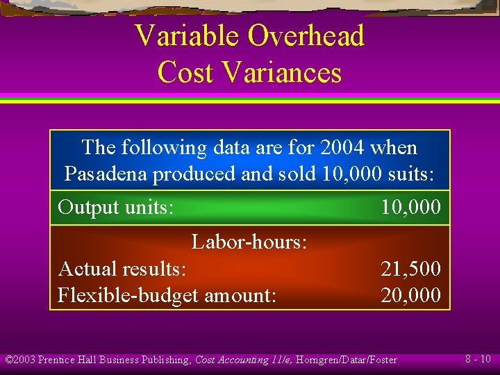 Variable Overhead Cost Variances The following data are for 2004 when Pasadena produced and